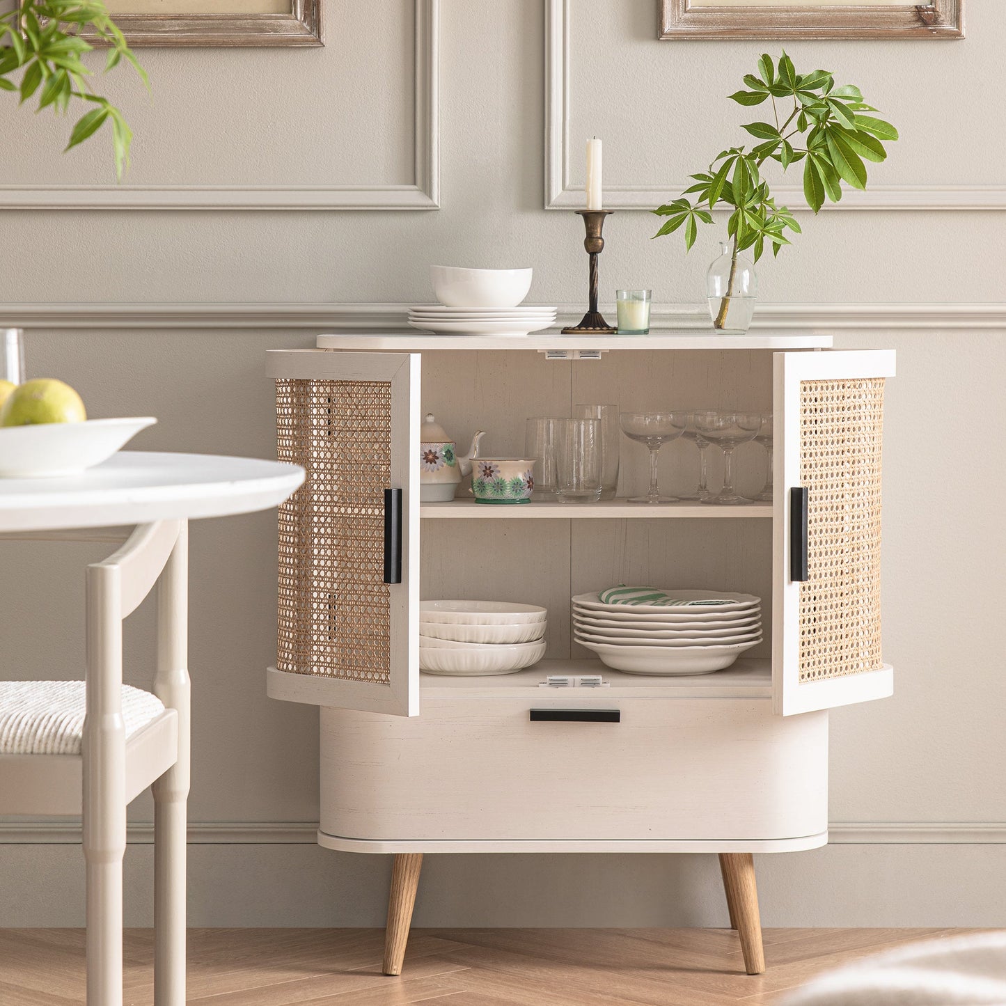 Izzy Curved Rattan 1-Drawer Small Sideboard, White