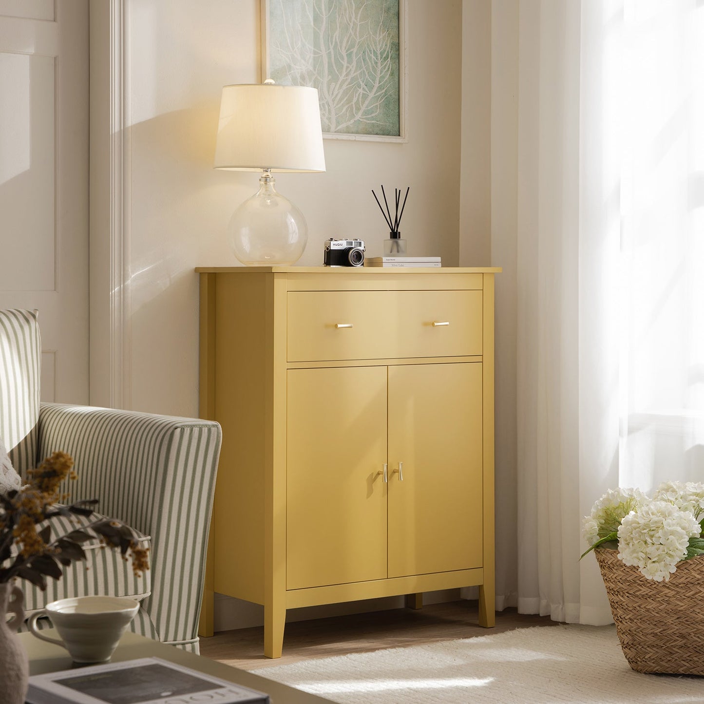 Oakham Small Sideboard with Drawer, Rattan Yellow