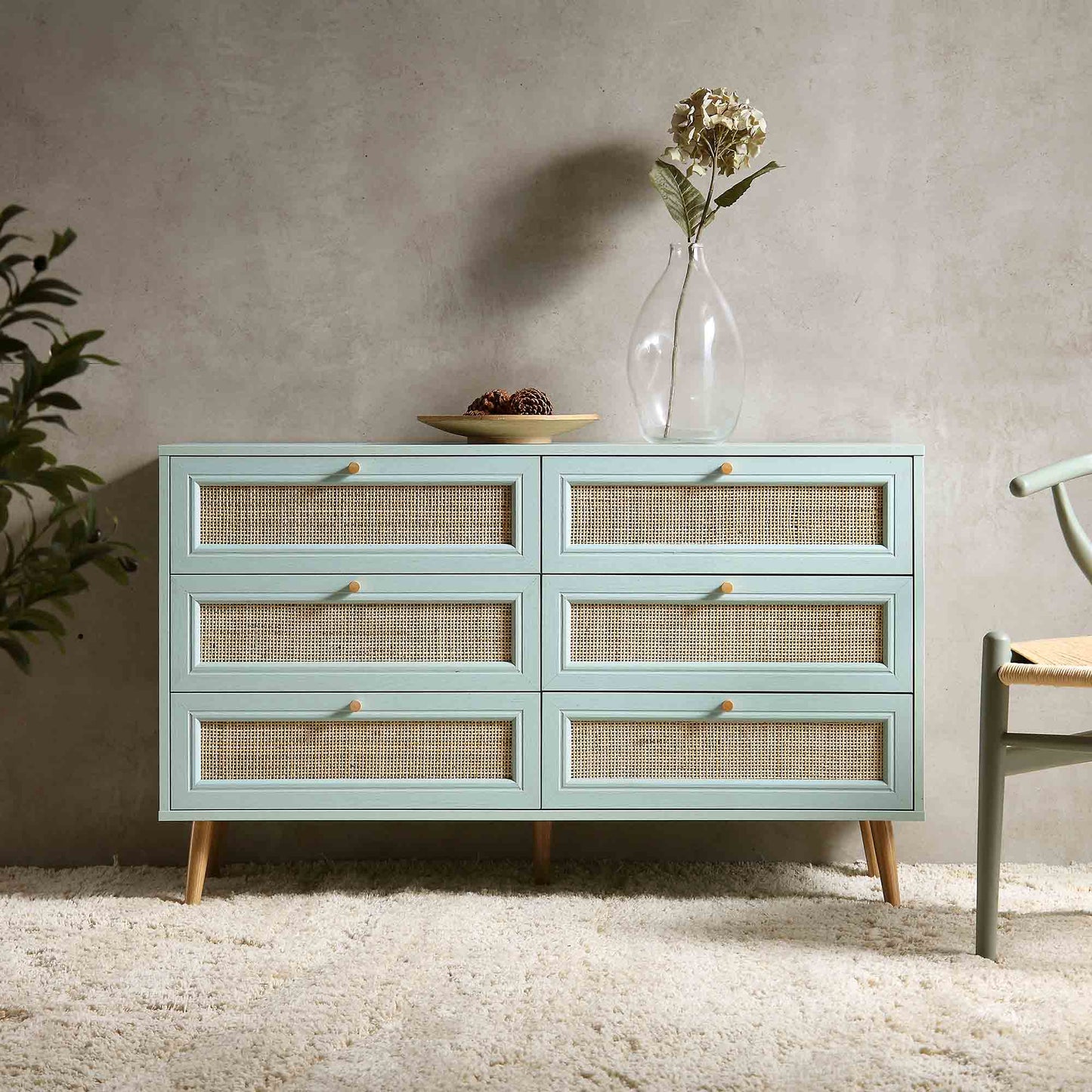 Frances Woven Rattan Chest of 6 Drawers, Mint