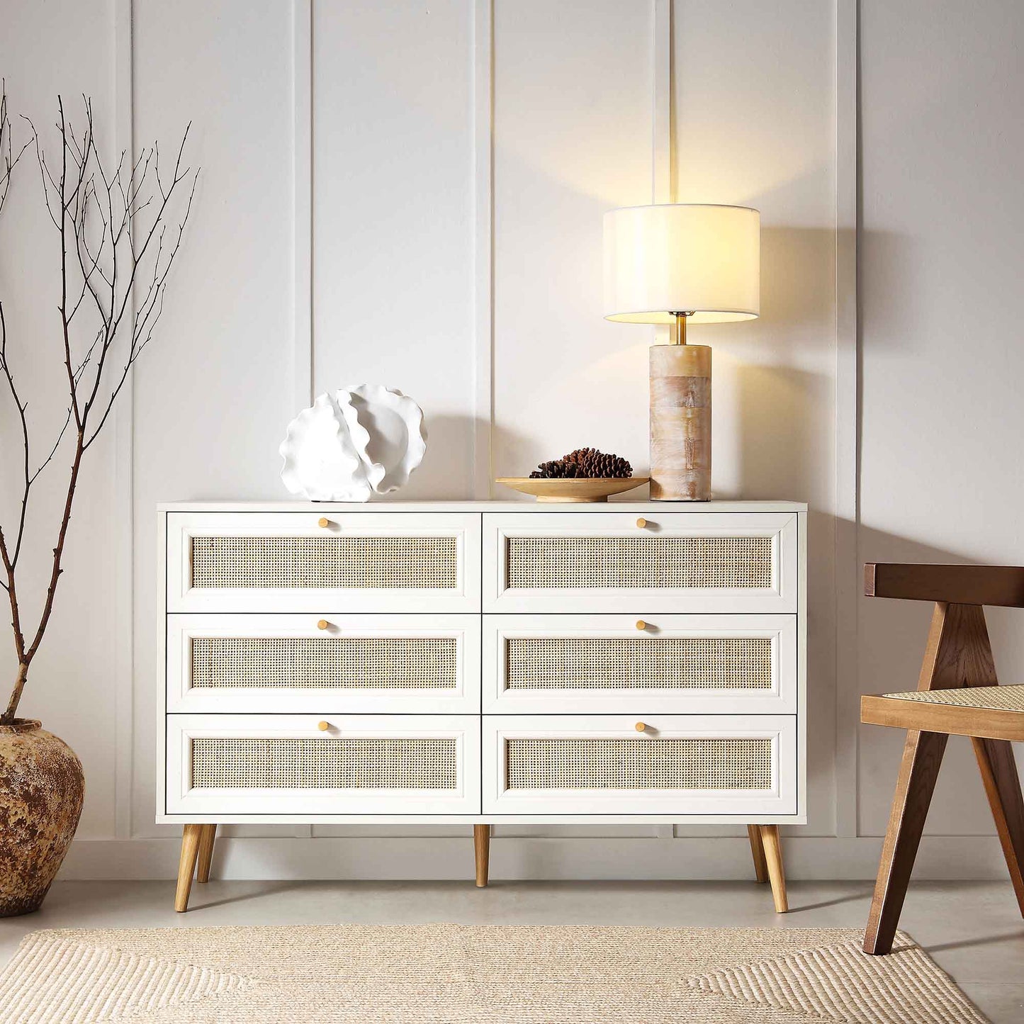 Frances Woven Rattan Chest of 6 Drawers, White