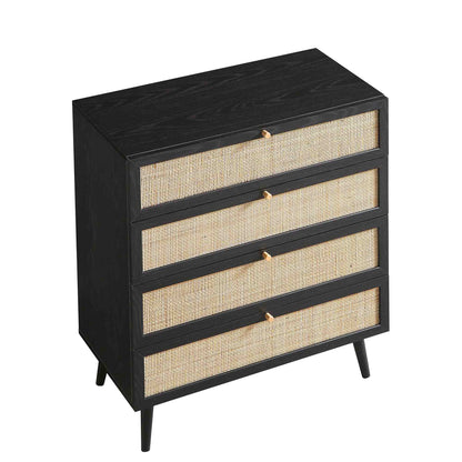 Frances Woven Rattan Tall Chest of 4 Drawers, Black