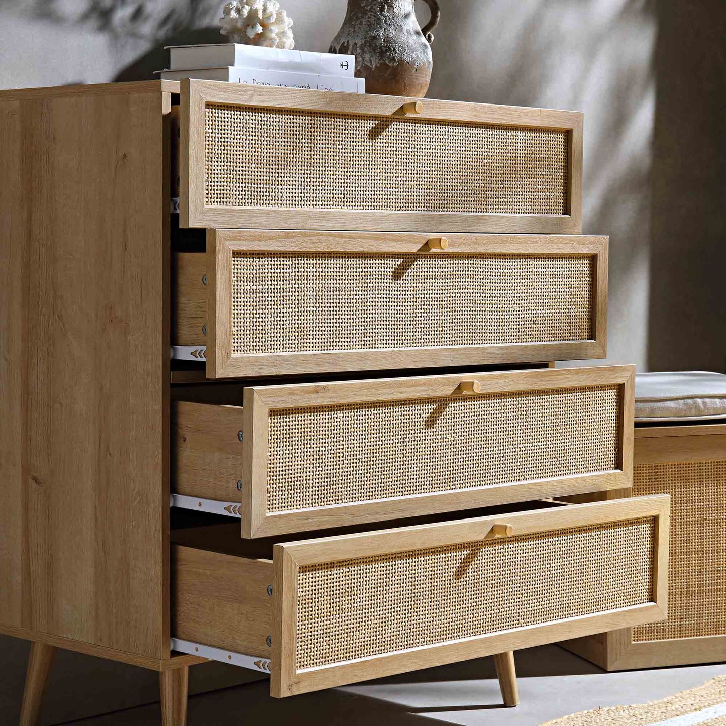 Frances Woven Rattan Tall Chest of 4 Drawers, Natural