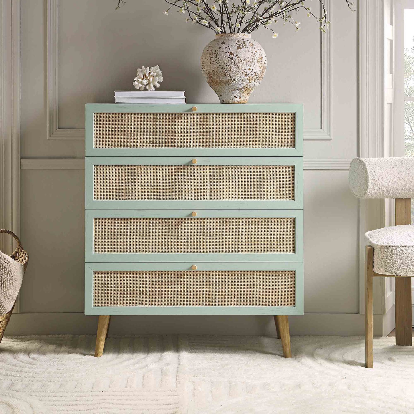 Frances Woven Rattan Tall Chest of 4 Drawers, Mint