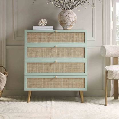Frances Woven Rattan Tall Chest of 4 Drawers, Mint