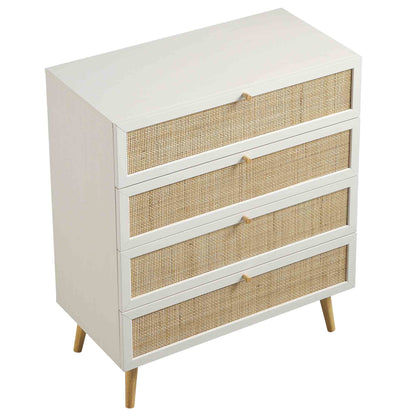 Frances Woven Rattan Tall Chest of 4 Drawers, White