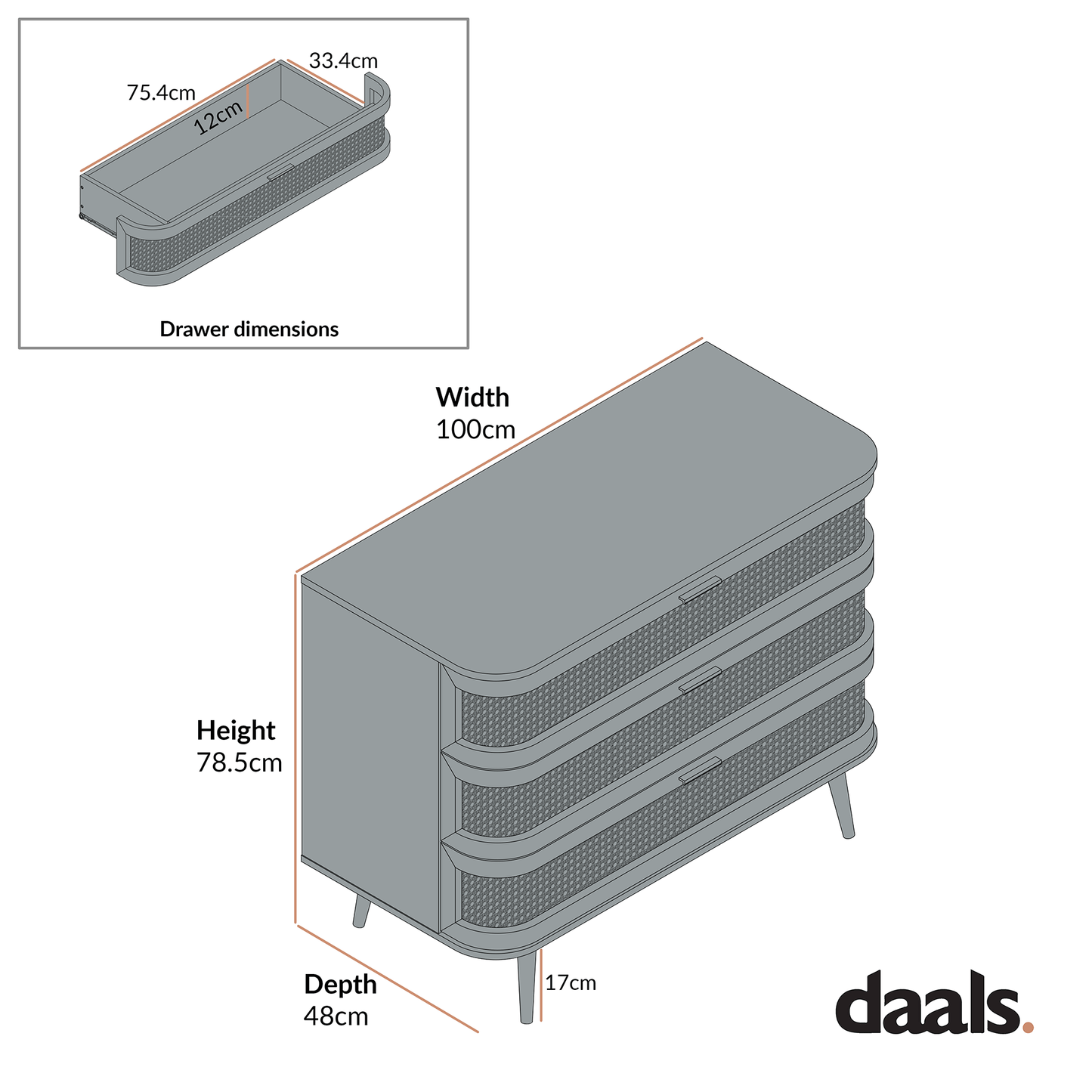Izzy Curved Rattan Chest of 3 Drawers, Natural