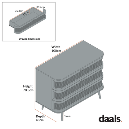 Izzy Curved Rattan Chest of 3 Drawers, White