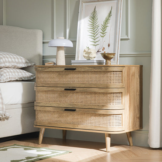 Izzy Curved Rattan Chest of 3 Drawers, Natural