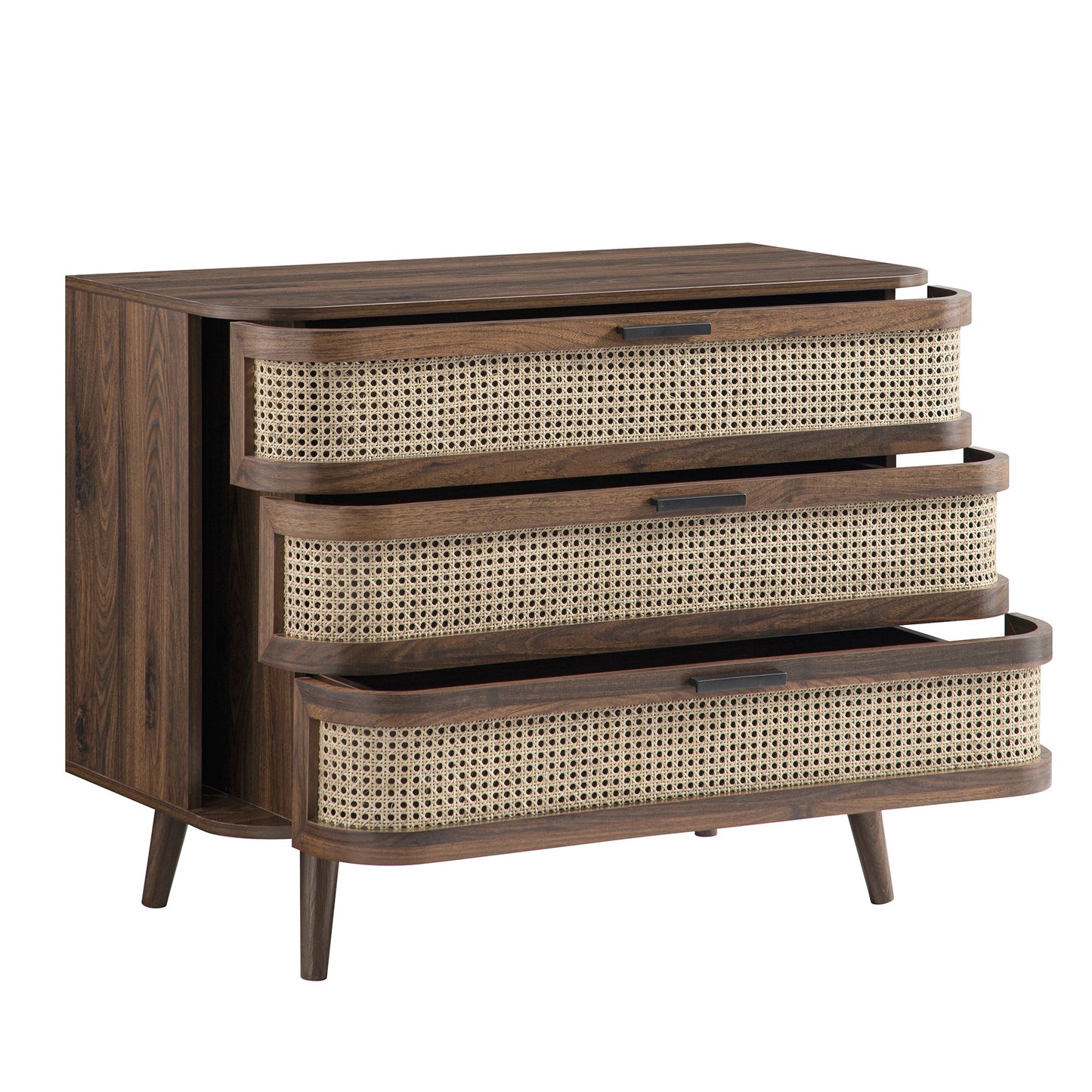Izzy Curved Rattan Chest of 3 Drawers, Walnut