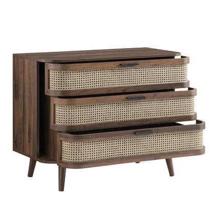 Izzy Curved Rattan Chest of 3 Drawers, Walnut