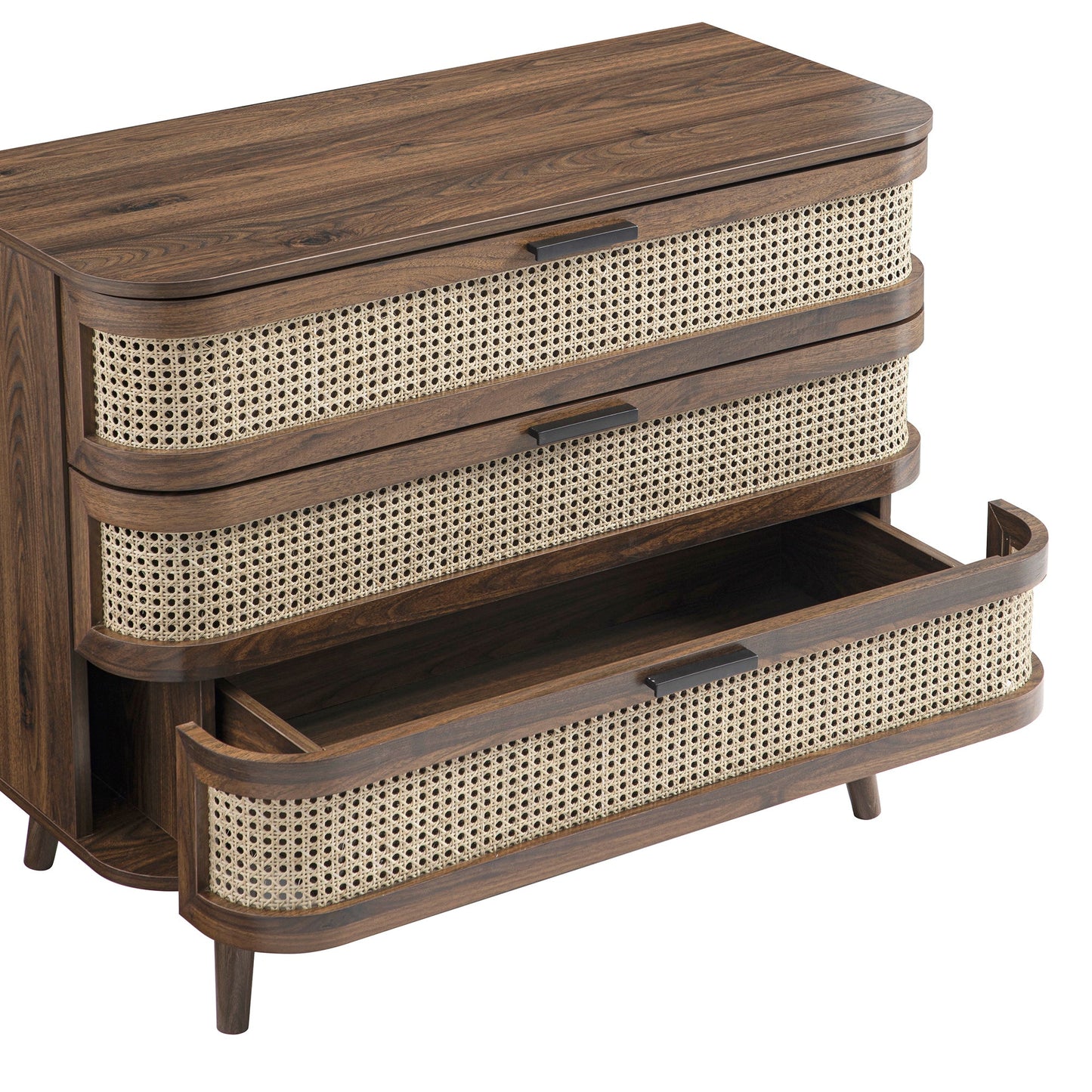 Izzy Curved Rattan Chest of 3 Drawers, Walnut