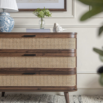 Izzy Curved Rattan Chest of 3 Drawers, Walnut