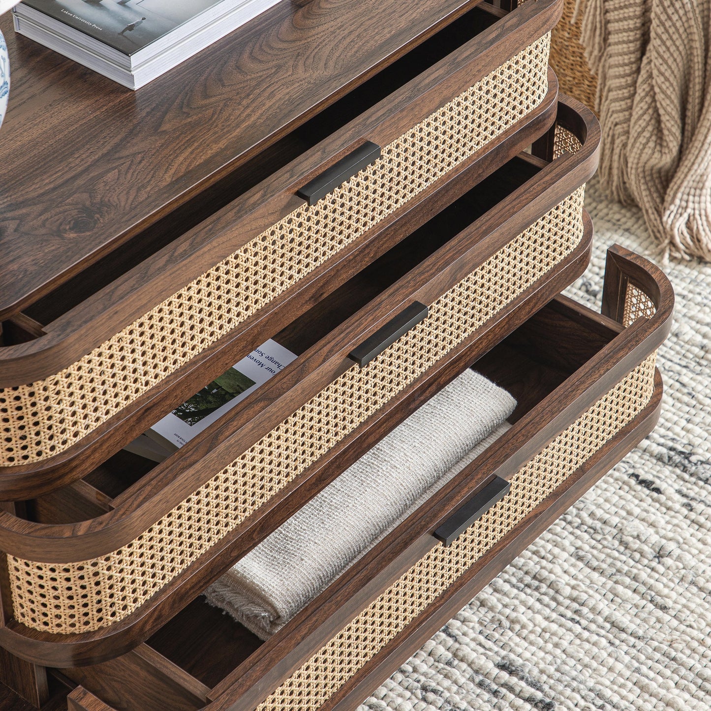 Izzy Curved Rattan Chest of 3 Drawers, Walnut