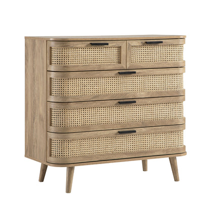 Izzy Curved Rattan Chest of 5 Drawers, Natural
