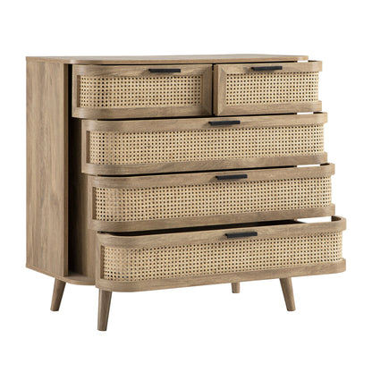 Izzy Curved Rattan Chest of 5 Drawers, Natural