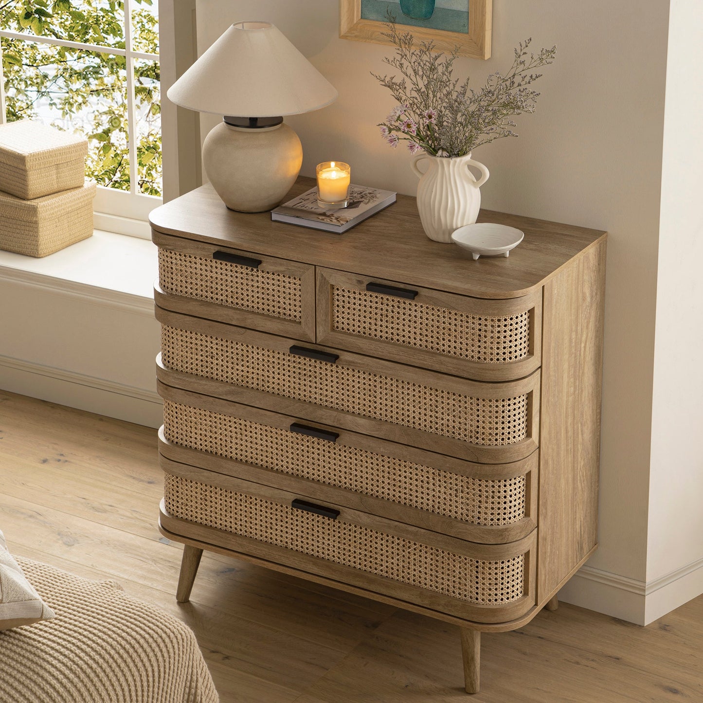 Izzy Curved Rattan Chest of 5 Drawers, Natural