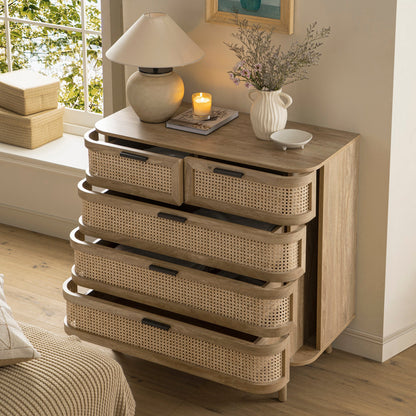 Izzy Curved Rattan Chest of 5 Drawers, Natural