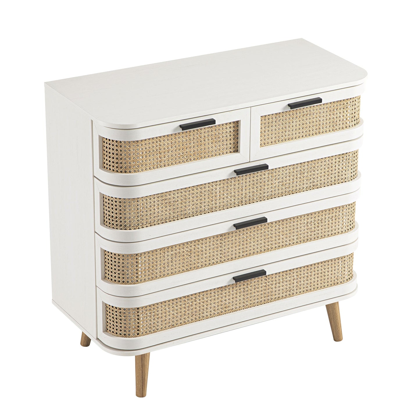 Izzy Curved Rattan Chest of 5 Drawers, White