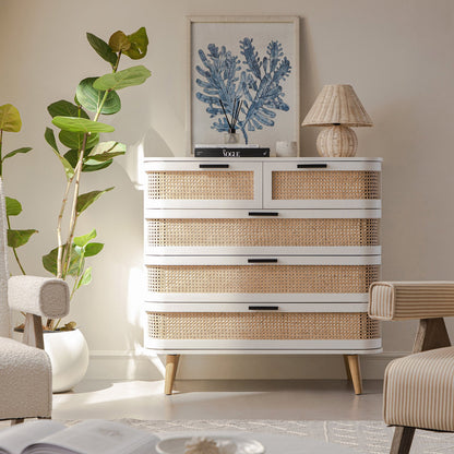 Izzy Curved Rattan Chest of 5 Drawers, White