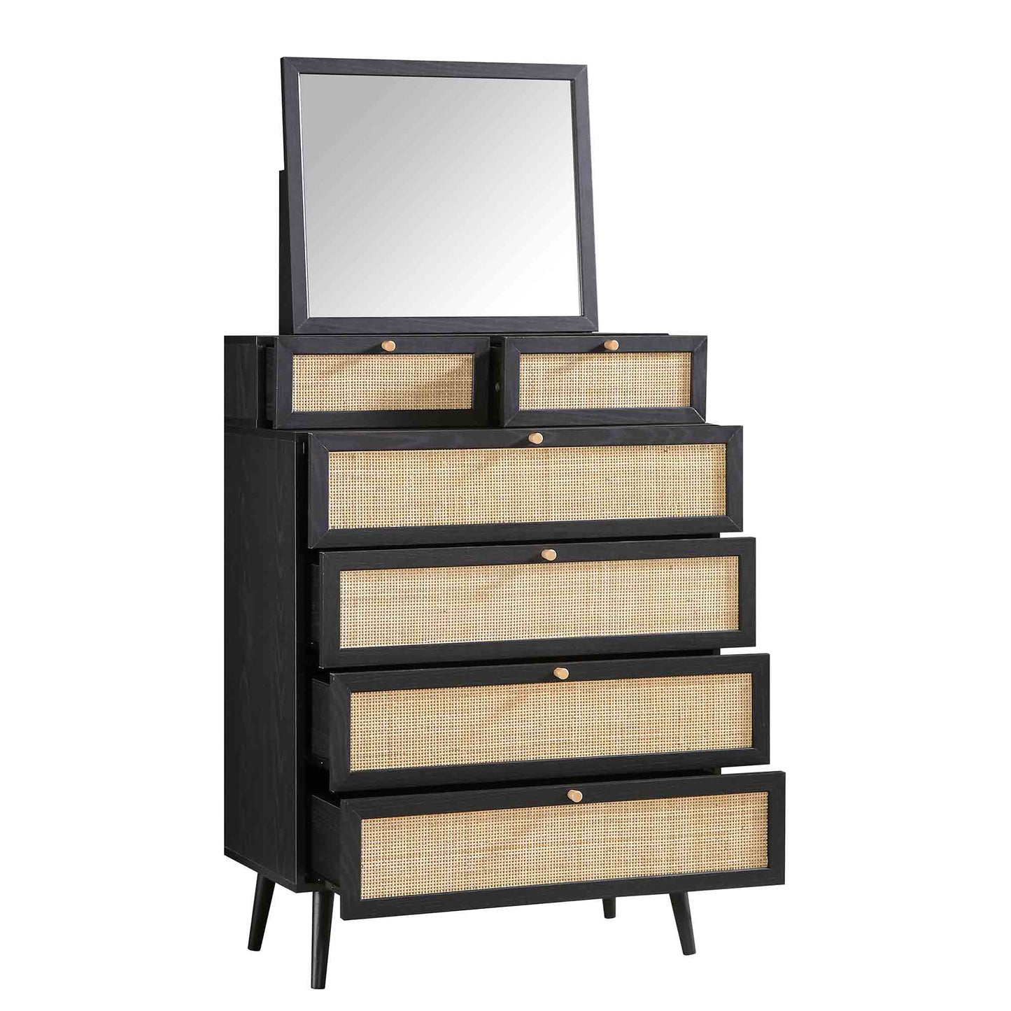 Frances Woven Rattan Tall Vanity Chest with Mirror, Black