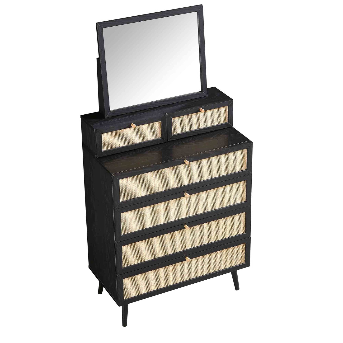Frances Woven Rattan Tall Vanity Chest with Mirror, Black