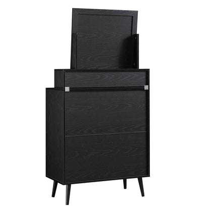 Frances Woven Rattan Tall Vanity Chest with Mirror, Black