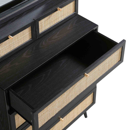 Frances Woven Rattan Tall Vanity Chest with Mirror, Black