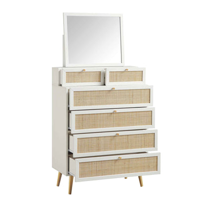 Frances Woven Rattan Tall Vanity Chest with Mirror, White