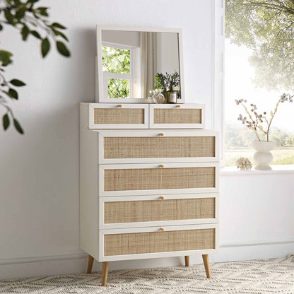 Frances Woven Rattan Tall Vanity Chest with Mirror, White