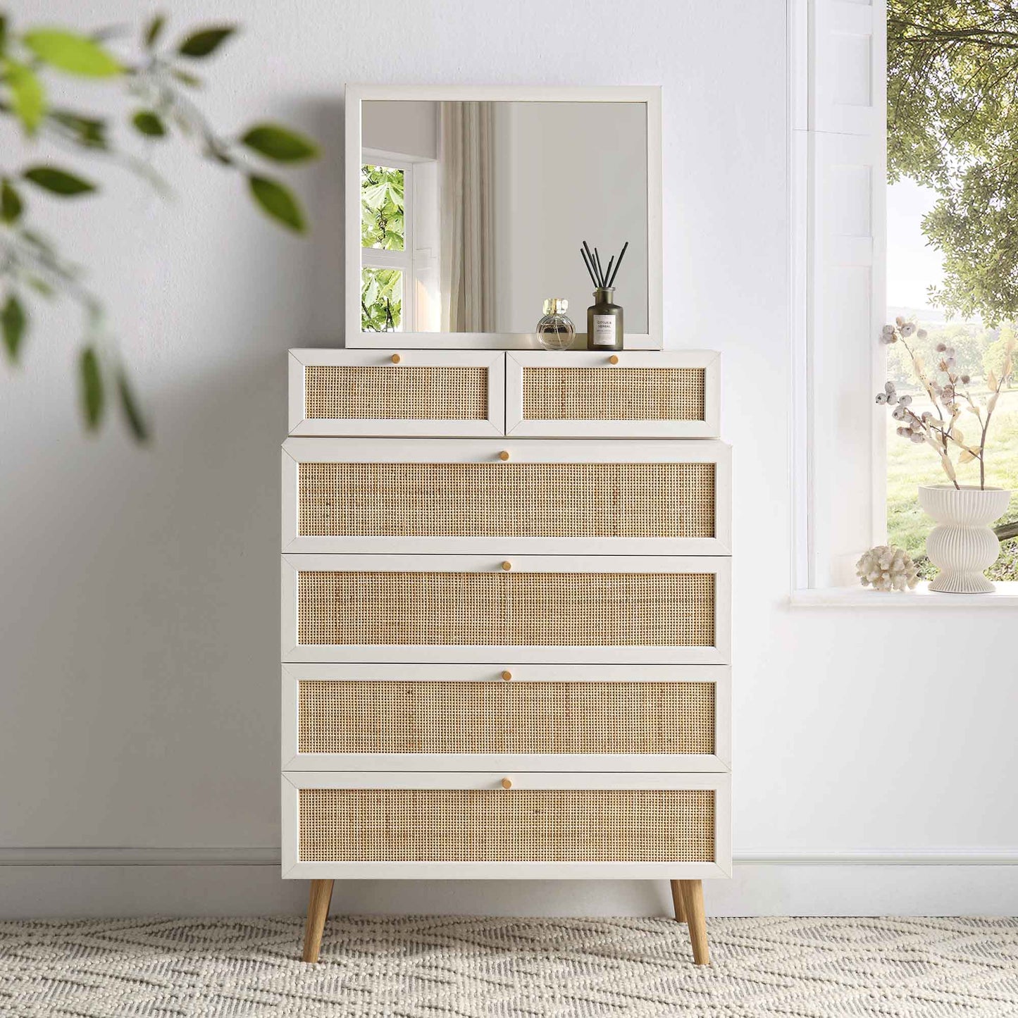 Frances Woven Rattan Tall Vanity Chest with Mirror, White