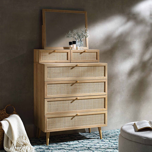 Frances Woven Rattan Tall Vanity Chest with Mirror, Natural