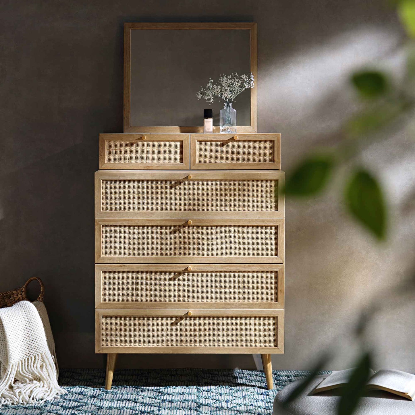 Frances Woven Rattan Tall Vanity Chest with Mirror, Natural