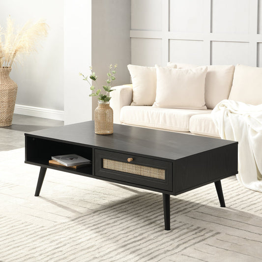 Frances Woven Rattan Wooden Coffee Table in Black Colour