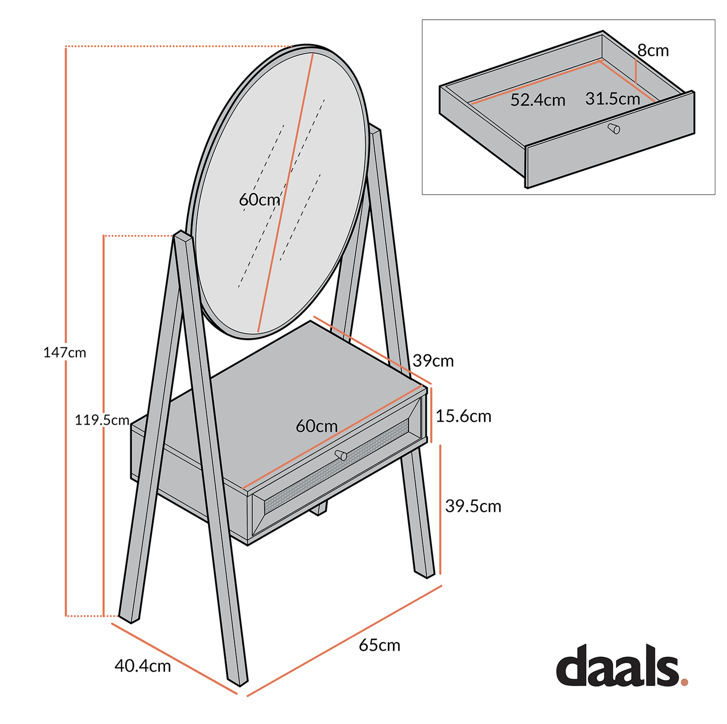 Frances Woven Rattan Standing Dressing Table with Mirror, Natural