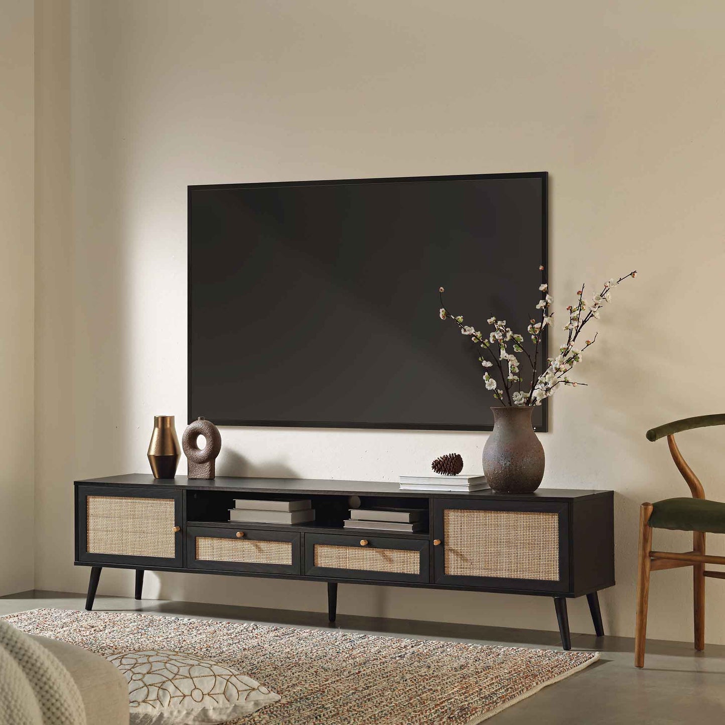 Frances Woven Rattan 200cm Wide TV Unit, Black