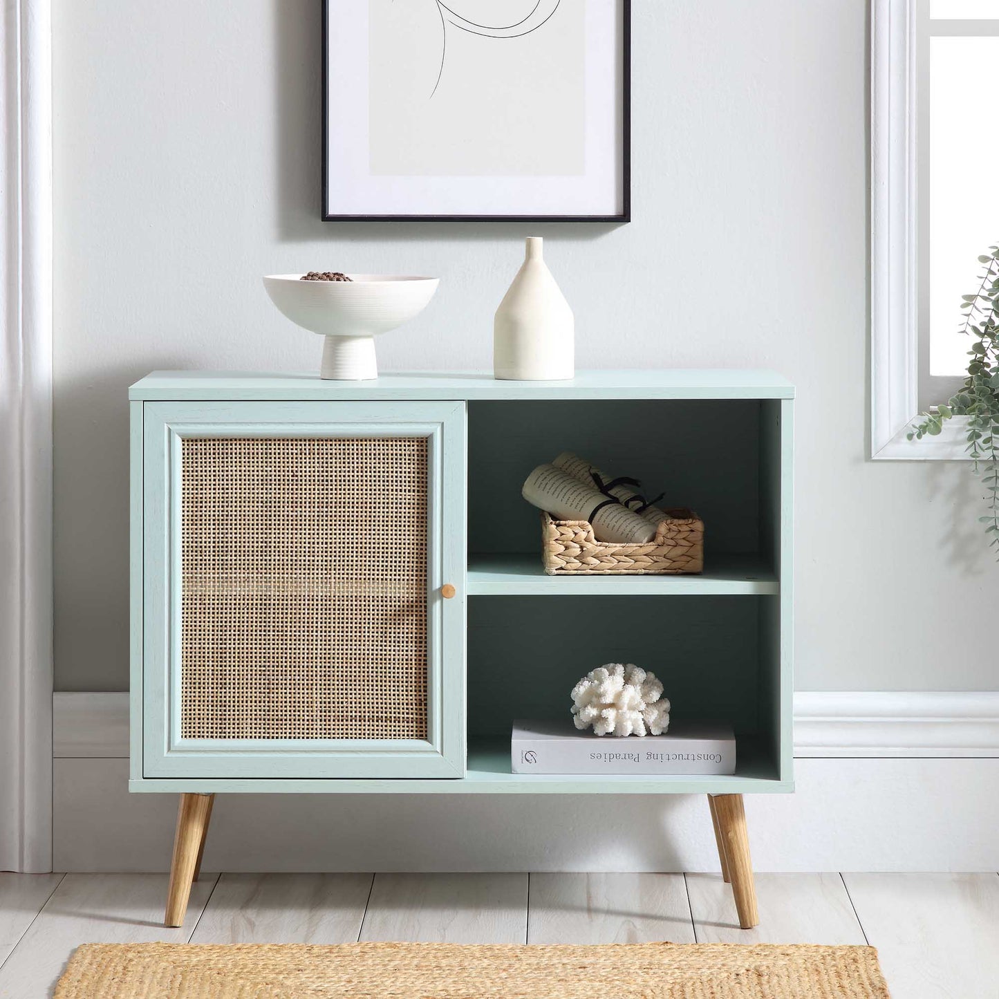 Frances Woven Rattan 1-Door Cabinet in Mint