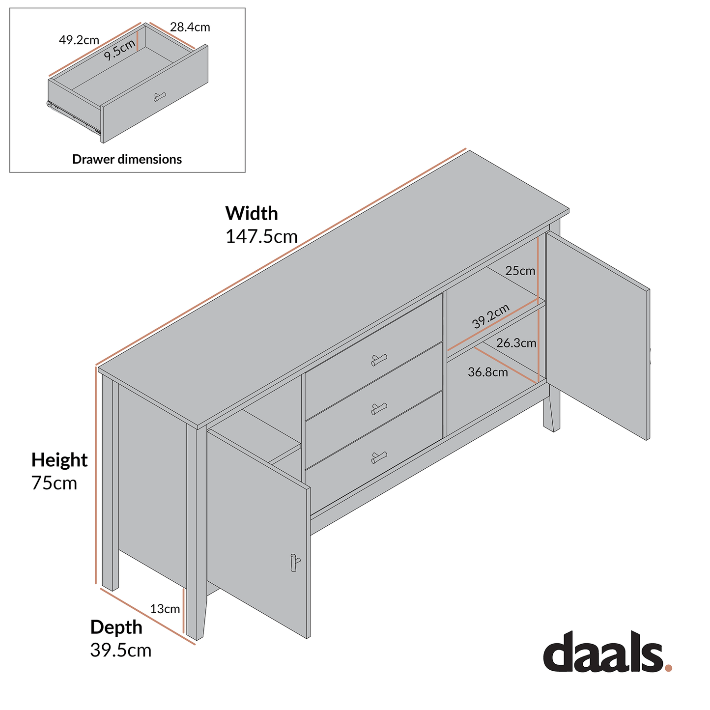 Oakham Wide Sideboard with Drawers, Deep Greige