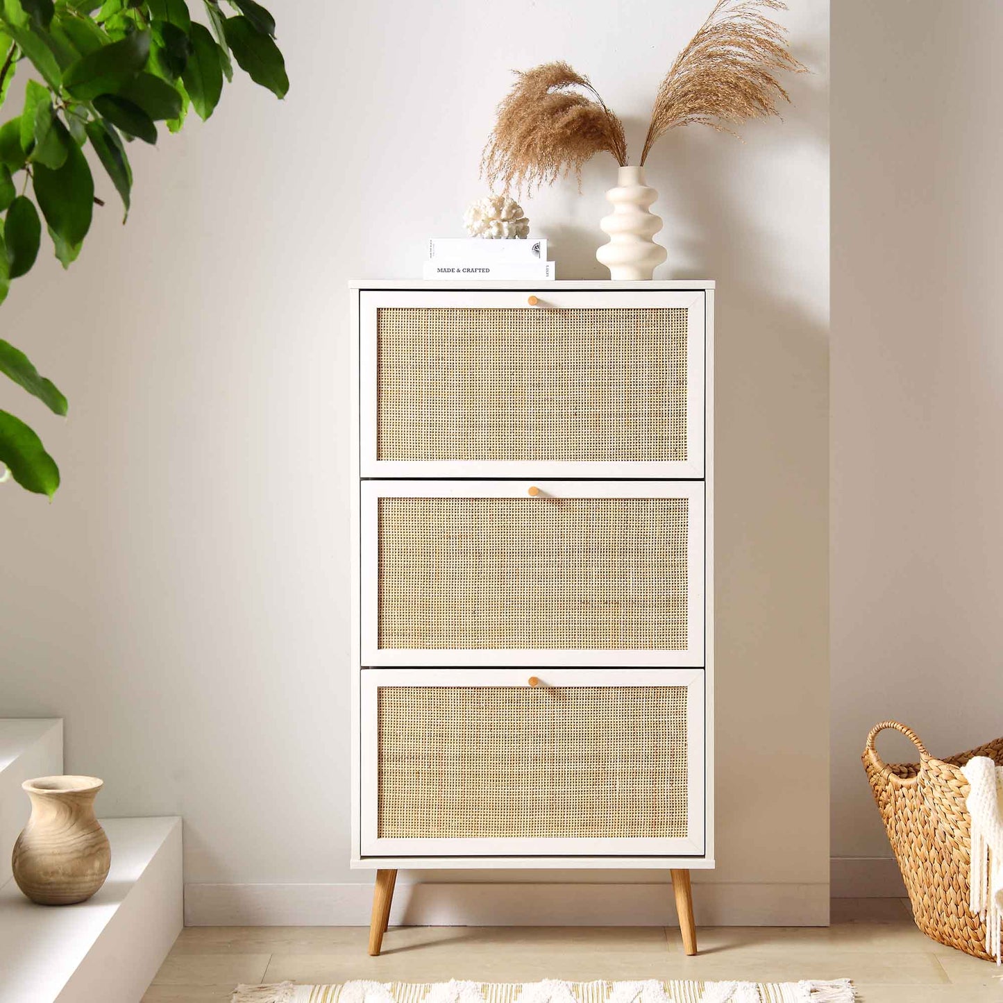 Frances Rattan 3 Tier Shoe Storage Cabinet, White