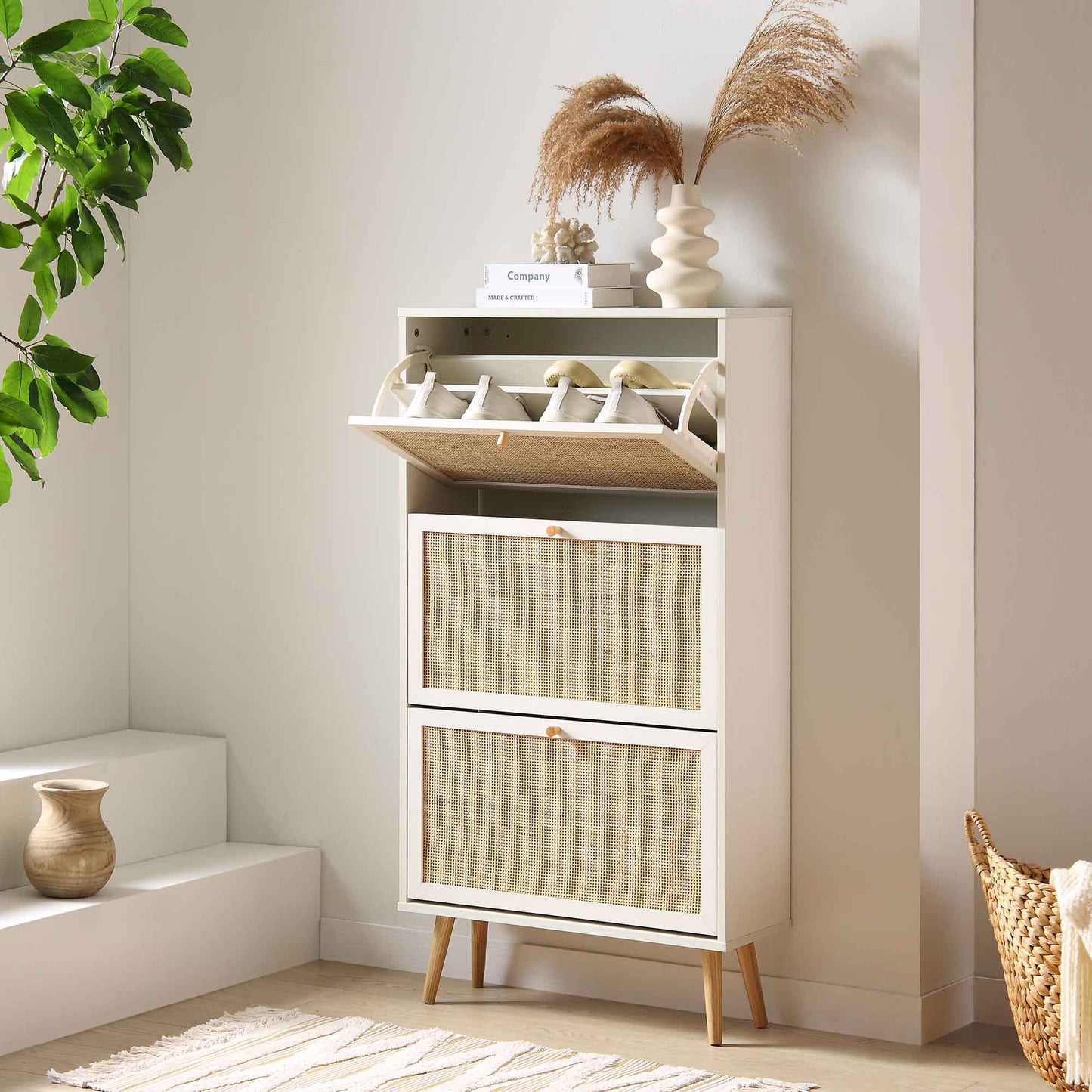 Frances Rattan 3 Tier Shoe Storage Cabinet, White