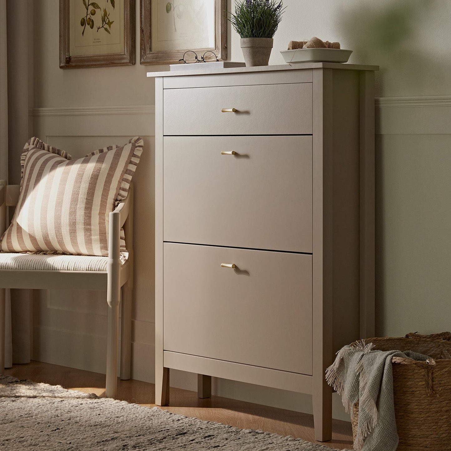 Oakham 2-Tier Shoe Cabinet with Top Drawer, Deep Greige