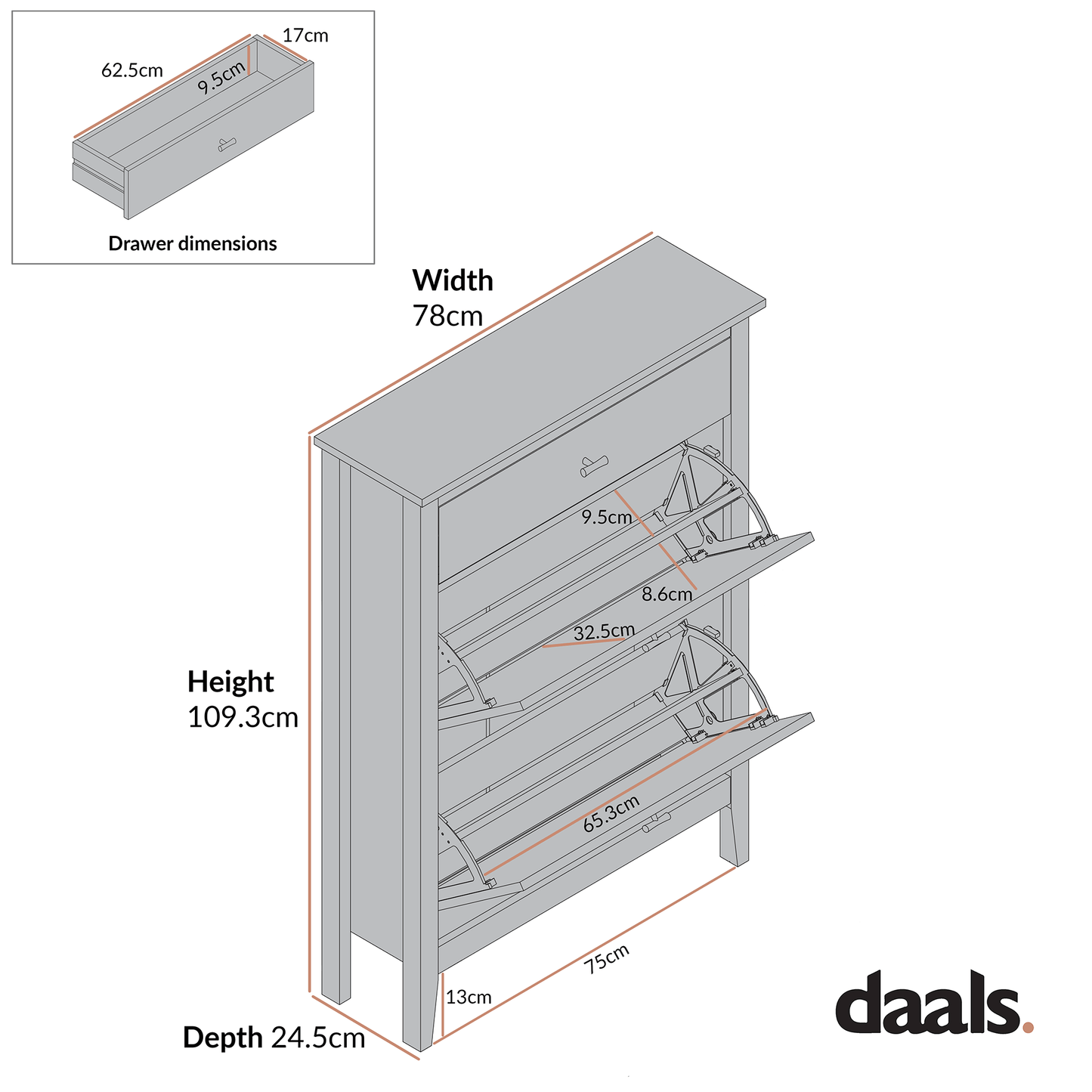 Oakham 2-Tier Shoe Cabinet with Top Drawer, Deep Greige