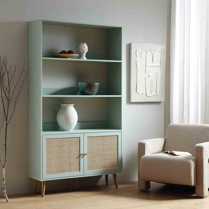 Frances Woven Rattan Bookcase with Doors, Mint