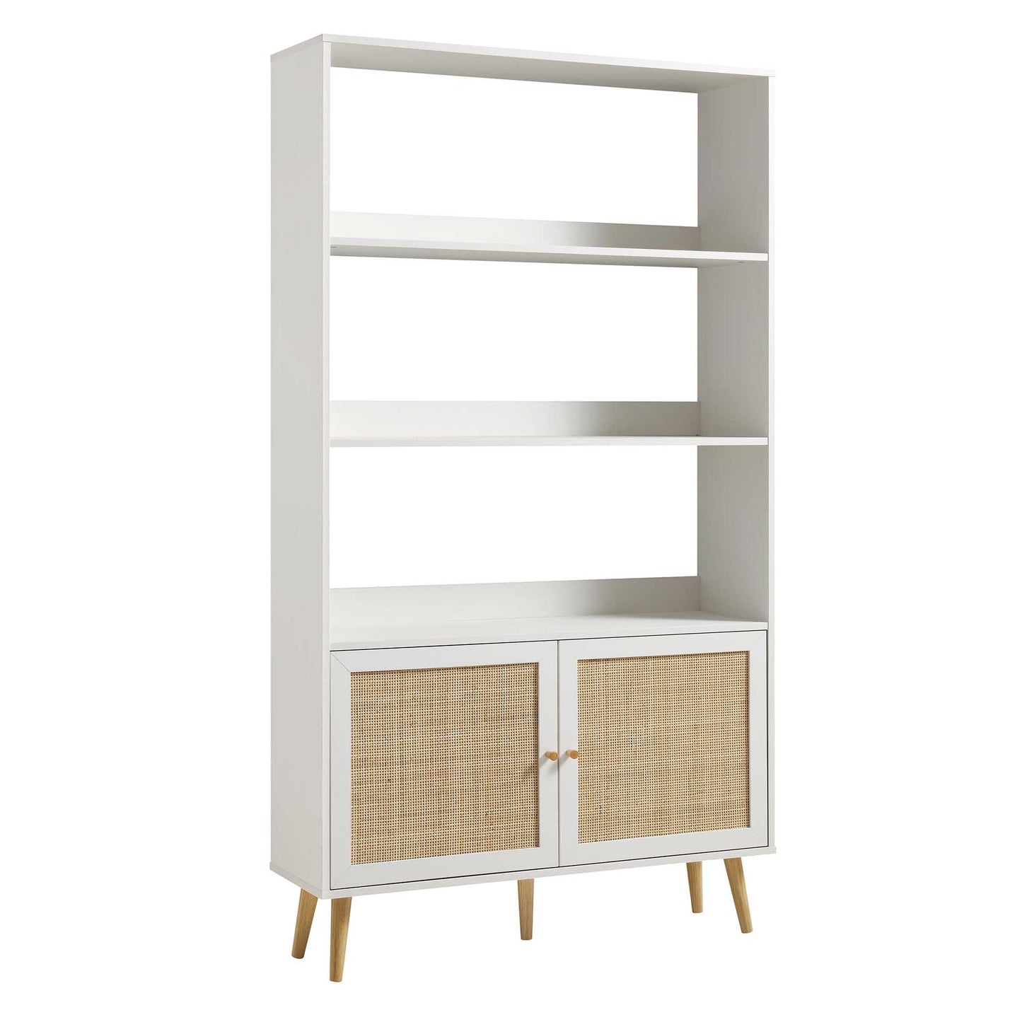 Frances Woven Rattan Bookcase with Doors, White