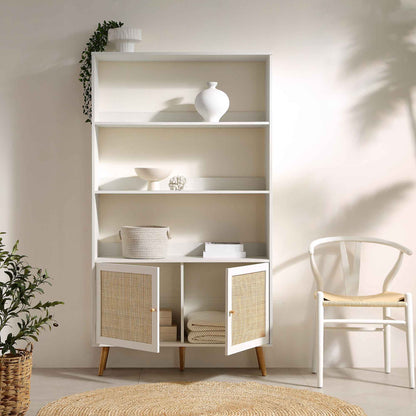 Frances Woven Rattan Bookcase with Doors, White
