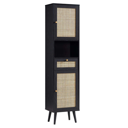 Frances Woven Rattan Tallboy Bathroom Unit, Black