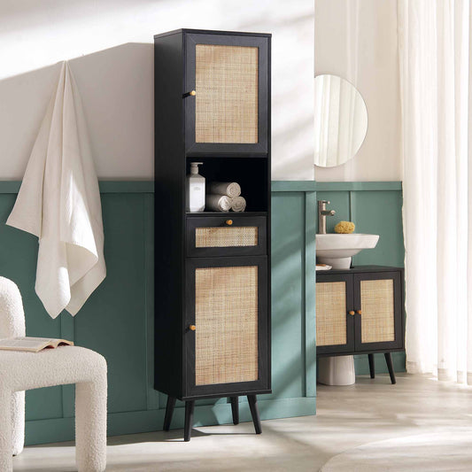 Frances Woven Rattan Tallboy Bathroom Unit, Black