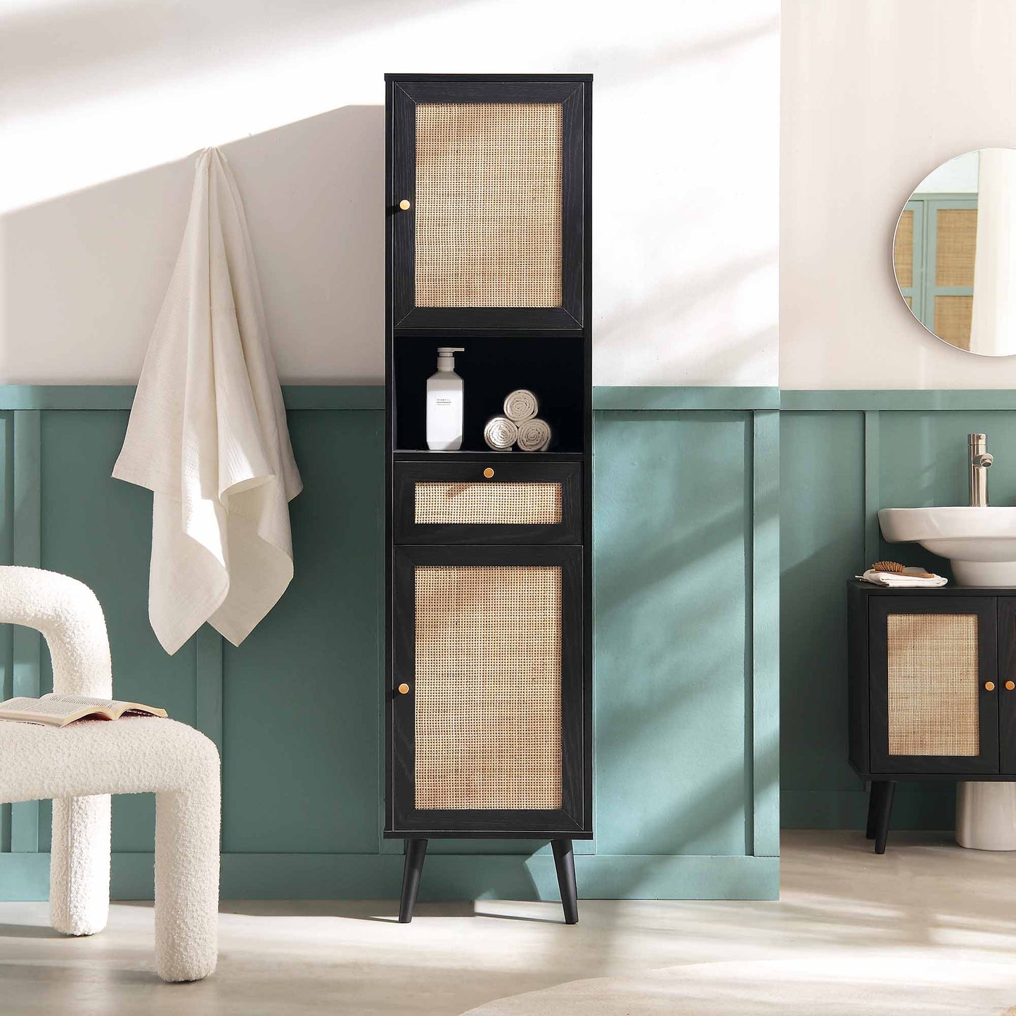 Frances Woven Rattan Tallboy Bathroom Unit, Black