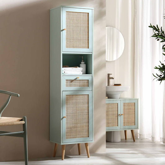 Frances Woven Rattan Tallboy Bathroom Unit, Mint Green