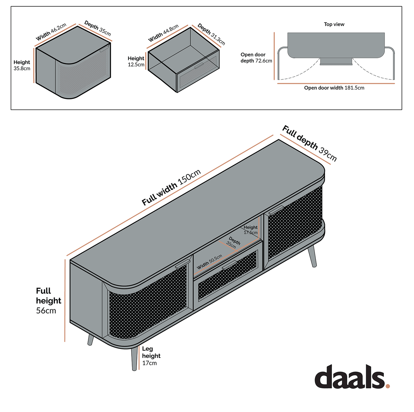 Izzy Curved Rattan 150cm TV Unit, Walnut