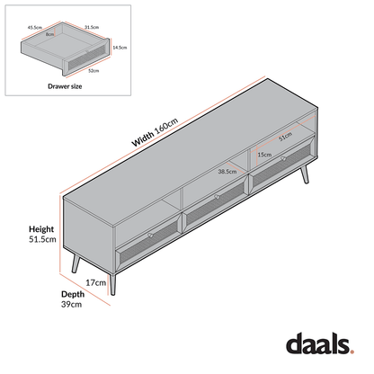 Frances Woven Rattan 160cm 3-Drawer TV Unit, Black